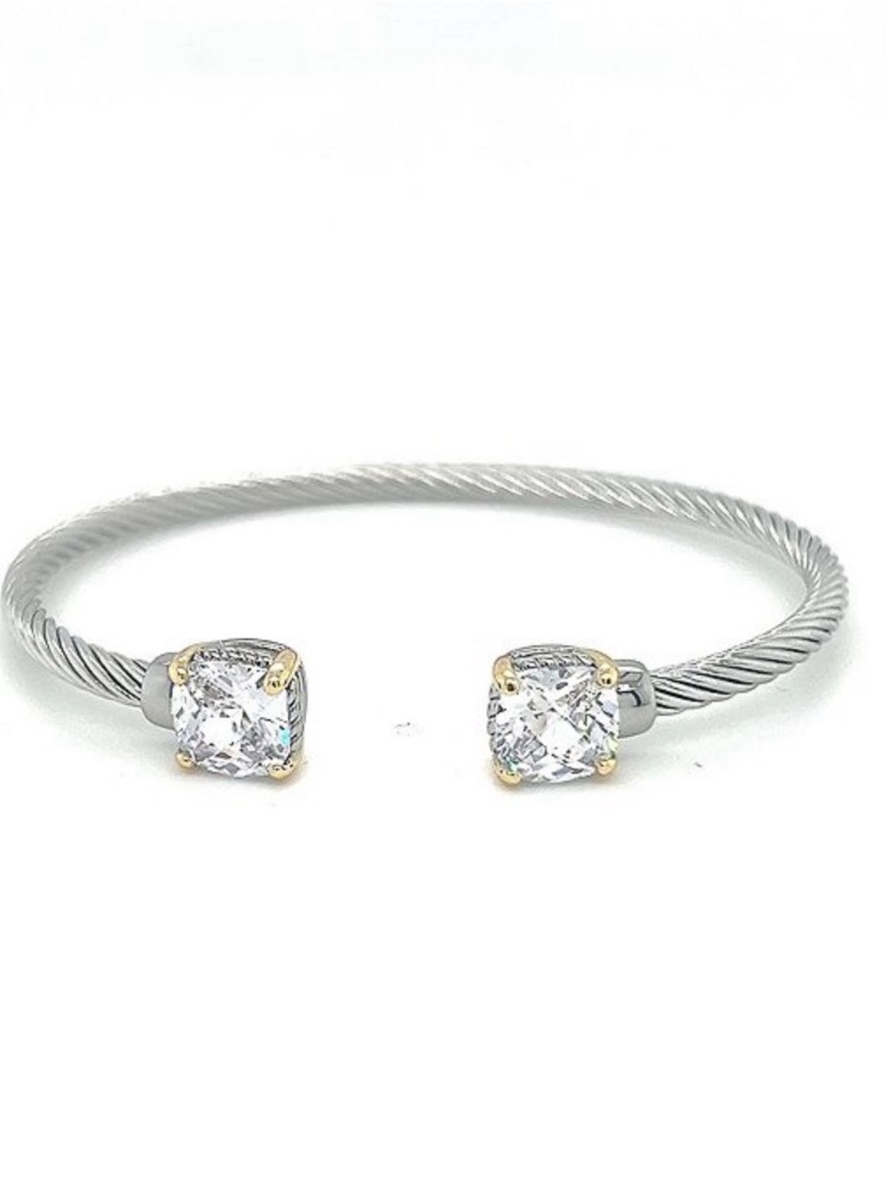 Open Twisted Two-Tone Cable Cuff Bracelet with Clear Crystal Ends